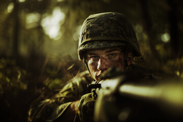 Intense close-up of a soldier in camouflage in a forest. Generative AI image