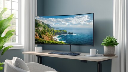 Fototapeta premium Ergonomic Home Office Setup with Comfortable Chair and Monitor