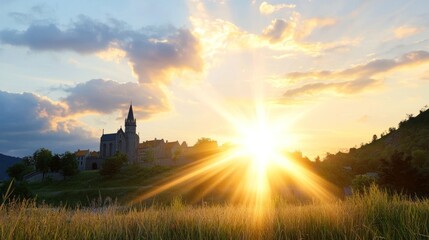 Fototapeta premium Sunset illuminating a landscape with a church silhouette.