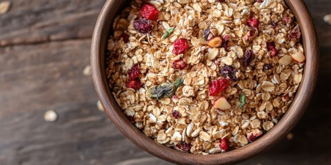 Wooden bowl filled with colorful muesli featuring oats, nuts, and dried fruits against a textured wooden background, showcasing earthy tones and natural textures.