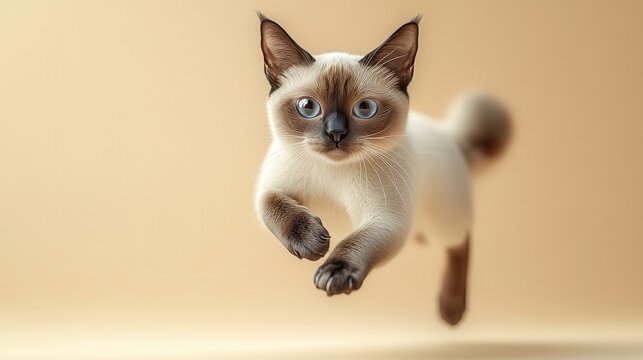 [artistic digitally altered photographs of cats in humanlike postures] Humanoid Siamese Cat in Yellow Background Walking on Hind Legs with Raised Front Leg for Comedic Effect