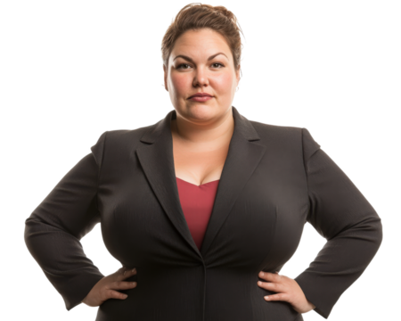 confident businesswoman in black suit, standing with hands on hips, exuding professionalism and strength