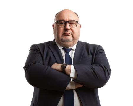 Confident businessman with crossed arms, wearing glasses and suit, isolated on transparency background