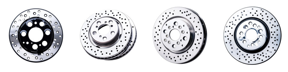 Various Designs of Disc Brake Rotors on a White Background