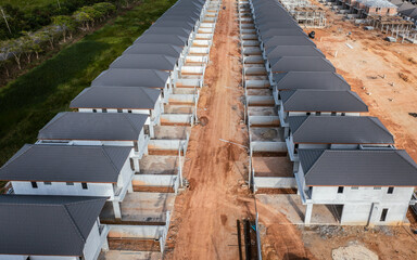 Aerial view of the residential site under construction. Building  houses.