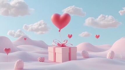 Charming Gift Box with Heart Balloon Floating in the Sky