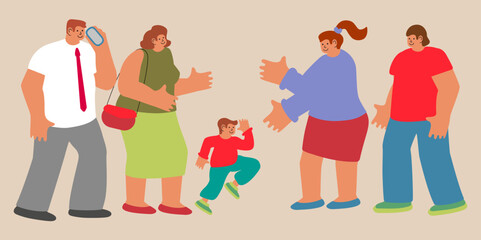 Cartoon style illustration of Two families meet and a small child between them. Love between friends. Flat style. Vector illustration.
