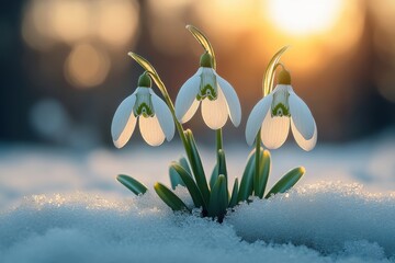 Early spring concept. Flowers snowdrops in garden, sunlight. First beautiful snowdrops in spring. Common snowdrop blooming. Galanthus nivalis bloom in spring forest. Snowdrops close up.