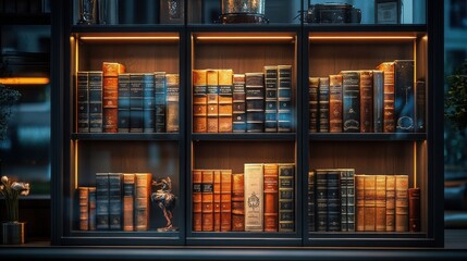 [modern library at night with illuminated windows] Modern Library Building at Night with Bright Illuminated Windows & Bookshelves