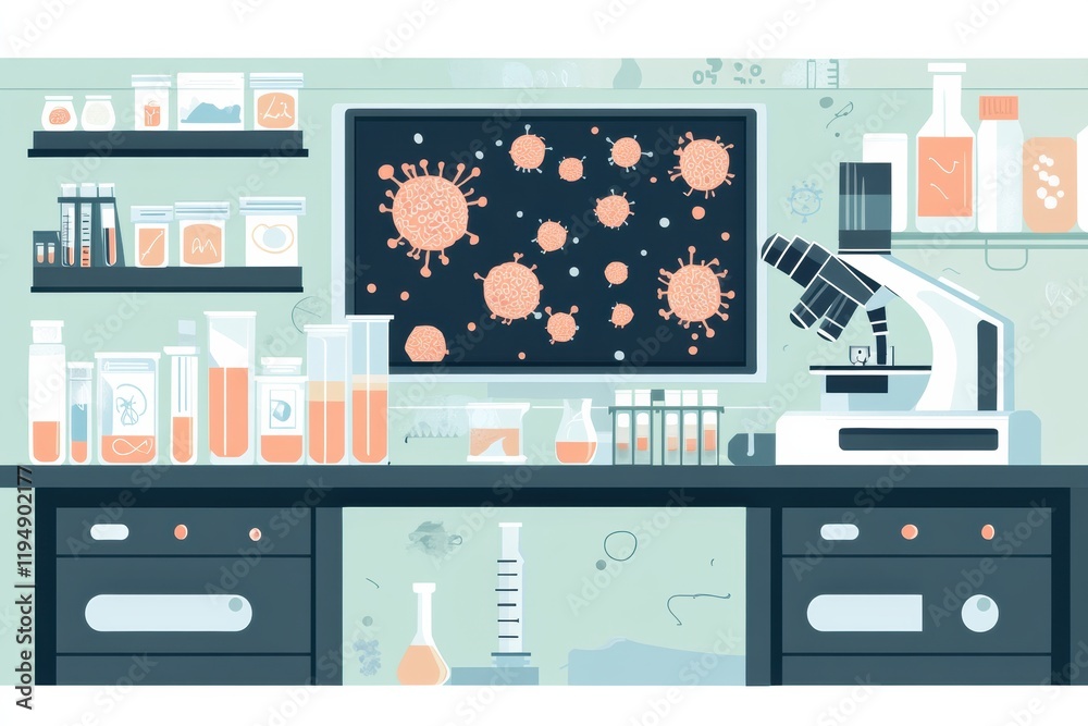 Leinwandbilder Laboratory setting with microscopes, test tubes and digital bacteria visuals in a research environment. Generative AI
