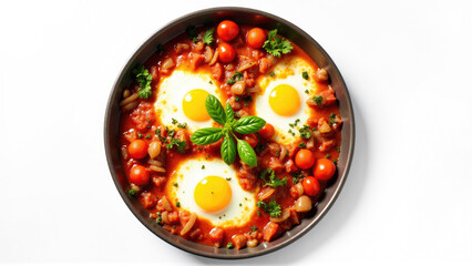 Delicious eggs poached in a savory tomato stew with herbs and vegetables served in a round dish