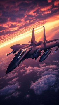 F-15 fighter jet flying at sunset.