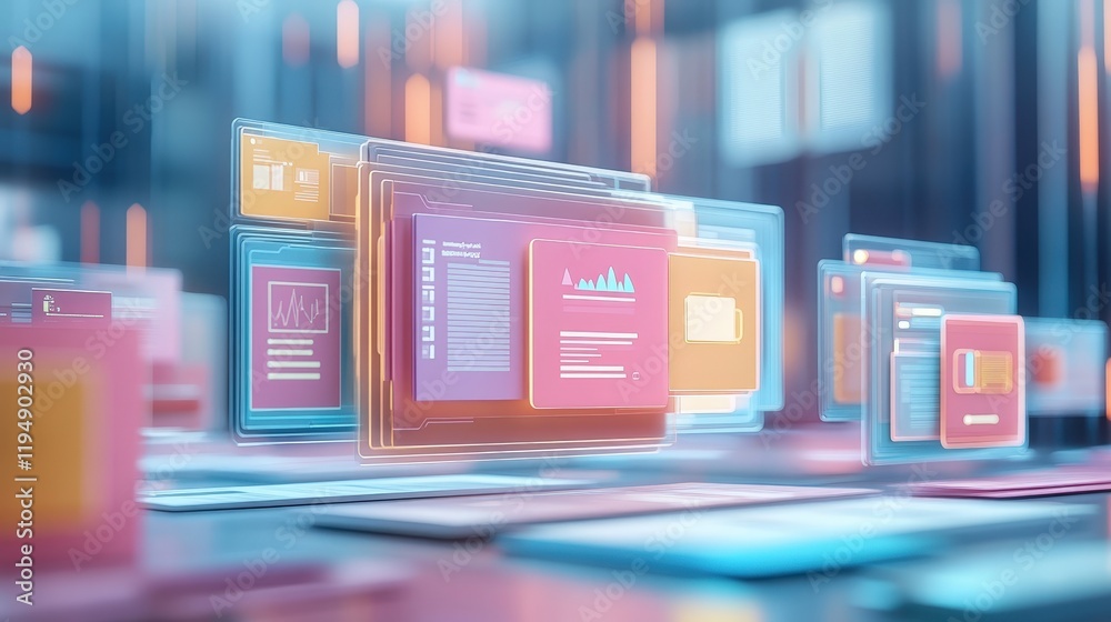 Poster digital workspace with colorful online documents and data visualization concepts in a futuristic ai 
