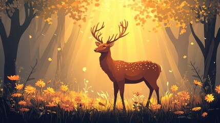 Majestic deer in autumn forest bathed in sunlight.