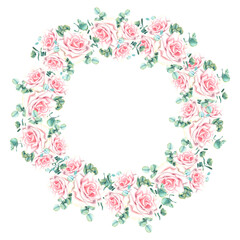 Watercolor floral wreath with pastel pink rose flowers and green eucalyptus leaves. Hand drawn botanical illustration on isolated background. Circle frame for greeting cards or wedding invitations.
