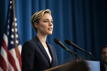 Woman delivers speech before US flags at political event. Generative AI image
