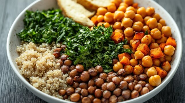 A close-up of a balanced high-protein vegan meal, featuring lentils, chickpeas