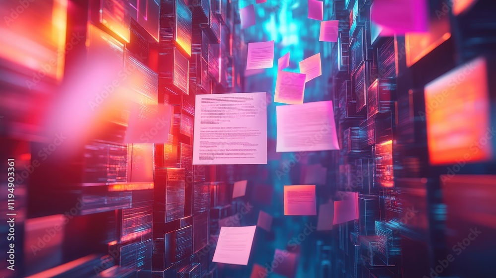 Poster digital representation of online document approval concept with floating papers in a futuristic envi