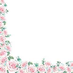 Corner floral frame with pastel pink rose flowers and green eucalyptus leaves. Watercolor hand drawn botanical illustration on isolated background. Composition for greeting cards or wedding invitation