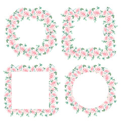 Watercolor frames and wreaths with pastel pink rose flowers, green eucalyptus leaves for greeting cards or invitations. Hand drawn botanical borders for postcards. Square and circle templates.