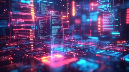 Obraz premium Futuristic Digital Interface with Neon Lights for Online Document Approval Concept in Artificial Intelligence Environment