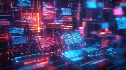 Obraz premium Futuristic digital interface representing online document approval process using AI technology with vibrant colors and abstract design elements