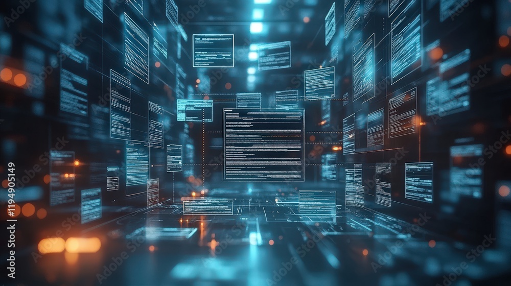 Poster futuristic digital workspace with floating data blocks representing online document approval and art