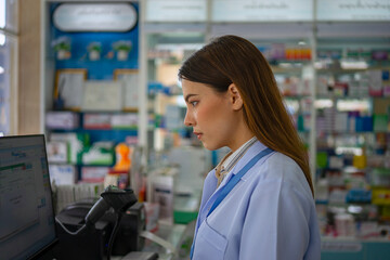 Pharmacist works at pharma store.