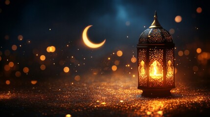 Illuminated Lantern and Crescent Moon Night Scene