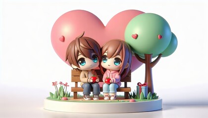 Obraz premium smooth d render with rounded edges raytracing of kawaii chibi anime couple Sitting under a heart shaped tree,
