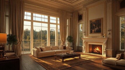 Naklejka premium [Luxurious modern living rooms with high ceilings and plenty of natural light] Modern Living Room with High Ceilings and Large Windows, Warm and Inviting Atmosphere.