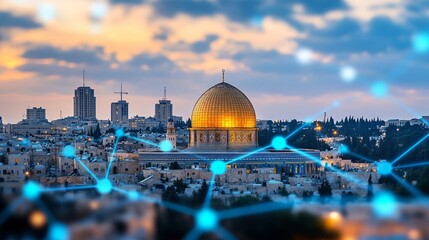 Fototapeta premium Dome of the Rock Networked Jerusalem s Holy Site in a Digital Age Connecting Faith and Technology