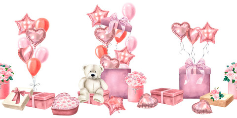 Seamless border of teddy bear sitting among gift boxes, bouquets of pink roses and festive helium balloons.Cute watercolor illustration of surprise on isolated background. Valentine's day design.