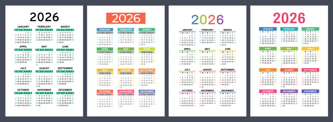 2026 calendar set. Vector pocket calender design. Week starts on Sunday. January, February, March, April, May, June, July, August, September, October, November, December