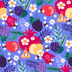 Seamless background  with various tropical fruits, bee, flowers  Modern botanical print for kitchen textile, wrapping paper, fabric,  banner, poster Chana Tova Rosh Hashanah  ector illustration.