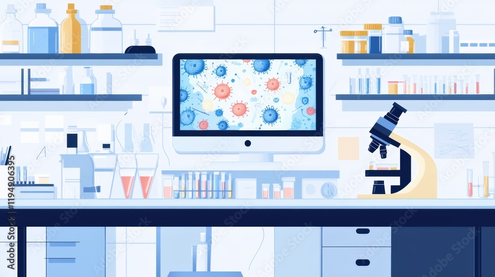 Leinwandbilder Laboratory setting with advanced microscopy, test tube display, and digital visualization of bacteria under research. Generative AI