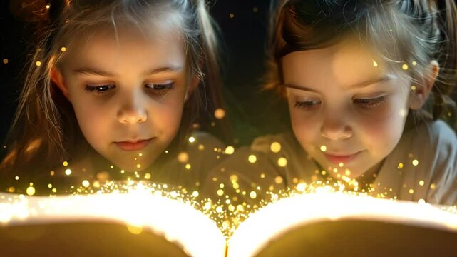 child little girl reading a magic book in the dark. Magical lights coming out fantasy book. Pretty girl reading bedtime story 4k video