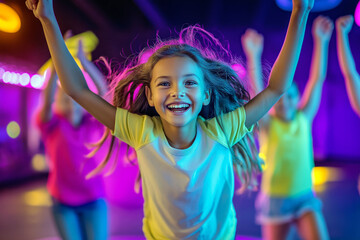 Children's birthday celebration at a trampoline park, kids jumping and flipping in the air with big smiles on their faces, bright neon colors in the background.