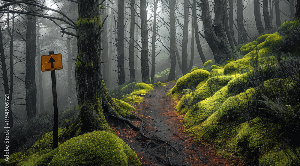 Poster A dirt path winds through tall trees whose trunks fade into the fog, The forest floor is carpeted with vibrant green moss on either side of the path, and the trees canopy filters soft.