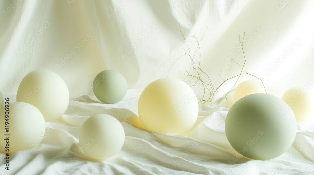 Poster a collection of gradient spheres in pastel sage green and muted tones rests on flowing white fabric,