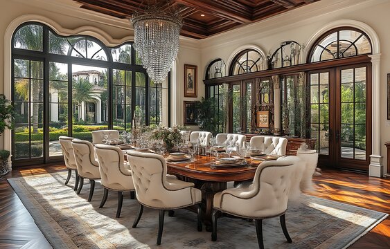 Luxurious dining room with large windows, hardwood floors, and elegant furniture.