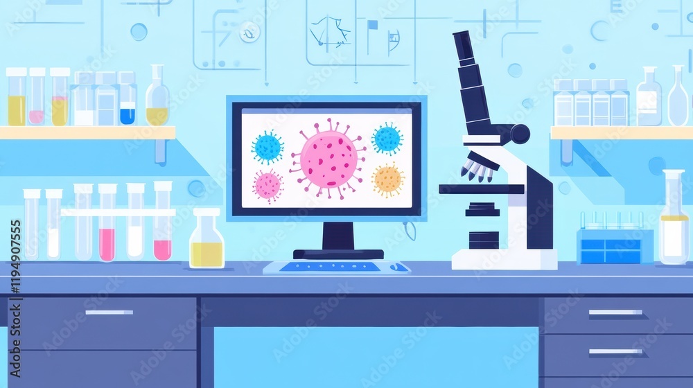 Leinwandbilder laboratory setup featuring microscopes and bacteria visuals on a computer monitor for research purpo