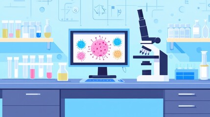 Laboratory setup featuring microscopes and bacteria visuals on a computer monitor for research purposes. Generative AI