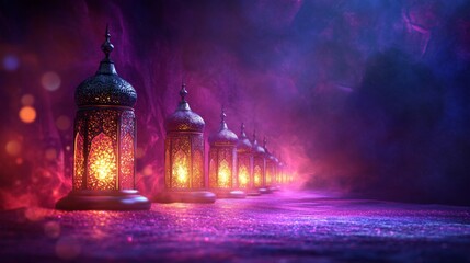 Fototapeta premium Illuminated Lanterns Line Mystical Purple Haze Scene