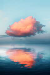 Dreamy pink cloud reflected on serene water surface. Generative AI image