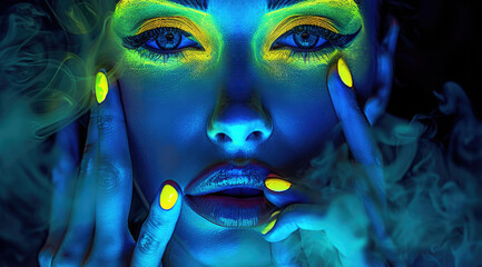 A woman with neon blue and green makeup, holding yellow fingers in front of her face, is illuminated by blacklight paint. The smoke around the figure creates an atmosphere of mystery and allure.
