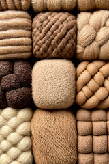 A collection of textured fabrics in various shades of brown and beige, showcasing intricate patterns and designs.