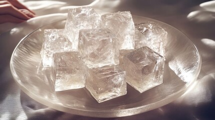 A plate of clear ice cubes.
