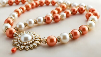 Elegant pearl and coral necklace with intricate pendant on a soft, neutral background