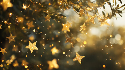 Glittering stars hanging in a scenic outdoor setting during golden hour
